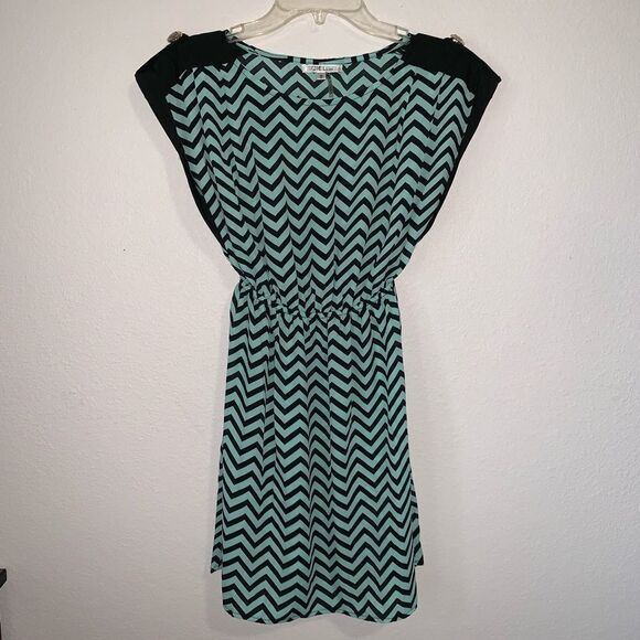 Ciel Chevron Striped A Line Mini Dress Teal Black - Picture 1 of 8